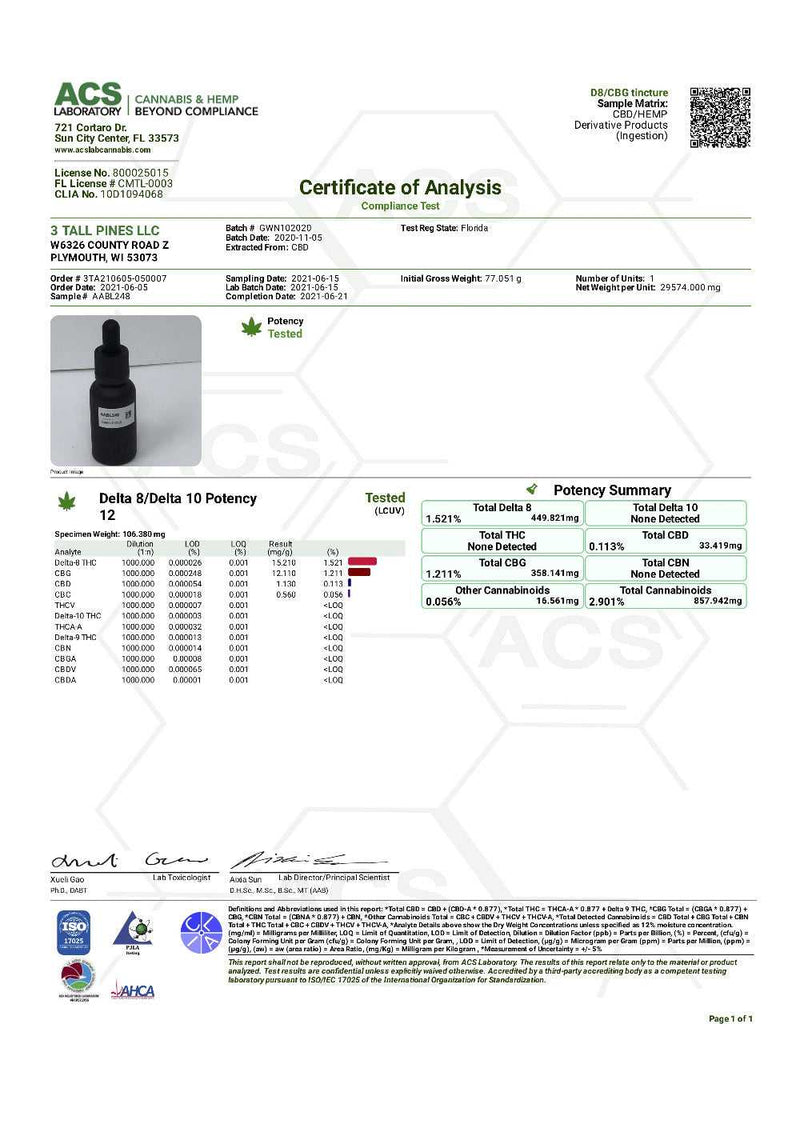 Delta 8 & CBG - 1000mg Tincture (30ml Bottle) CBG 3 Tall Pines Wholesale